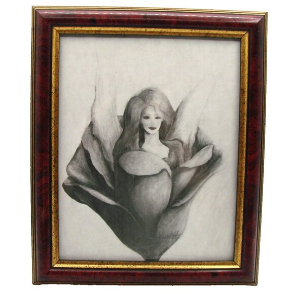 Angel Lady in Lotus Flower Floral Pencil Art Drawing Sketch Signed Frame 10x12" - Picture 1 of 12